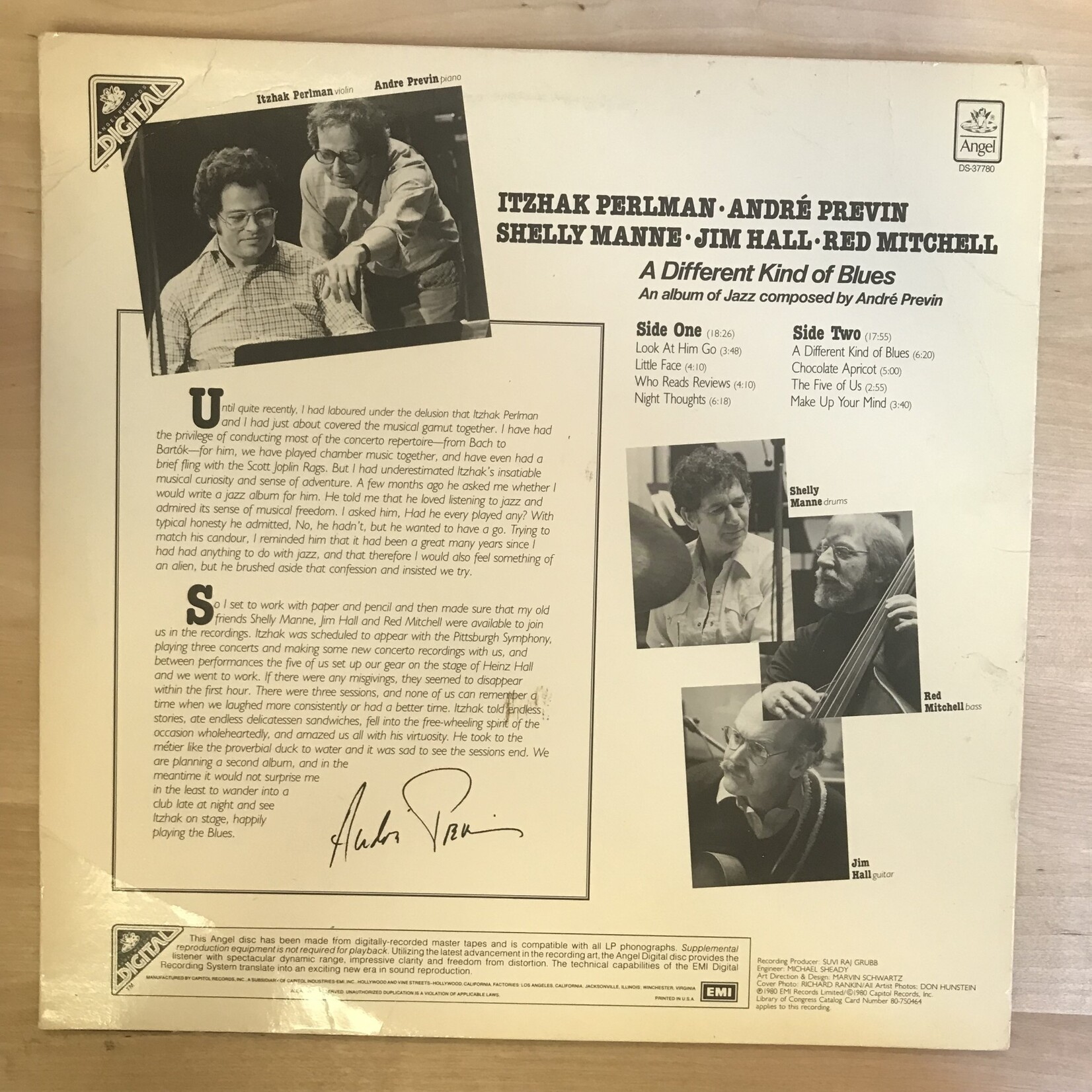 Itzhak Perlman, Andre Previn, Shelly Manne, Jim Hall, Red Mitchell - A Different Kind Of Blues - DS37780 - Vinyl LP (USED)
