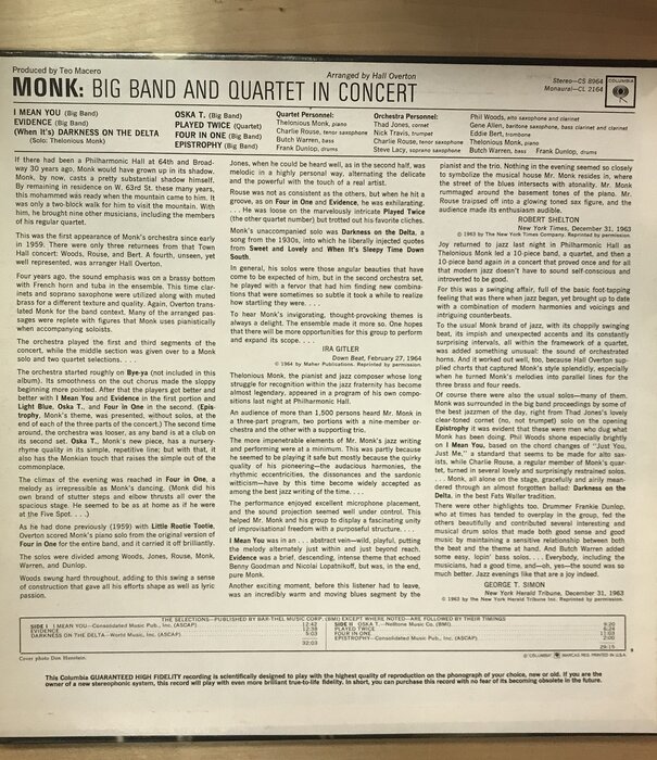 Thelonious Monkn - Big Band And Quartet In Concert - CL2164 - Vinyl LP (USED)
