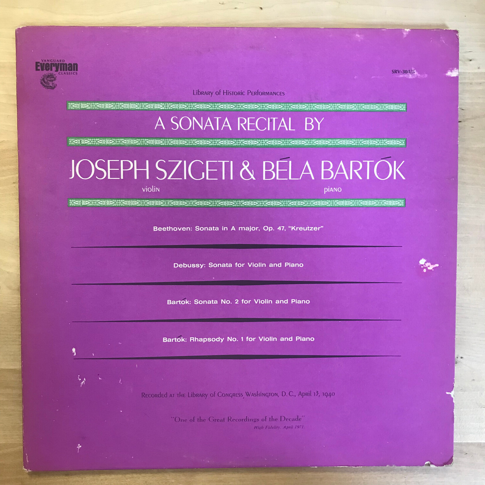 Joseph Szigeti, Béla Bartók – A Sonata Recital - SRV 304/5 - Vinyl LP (USED)