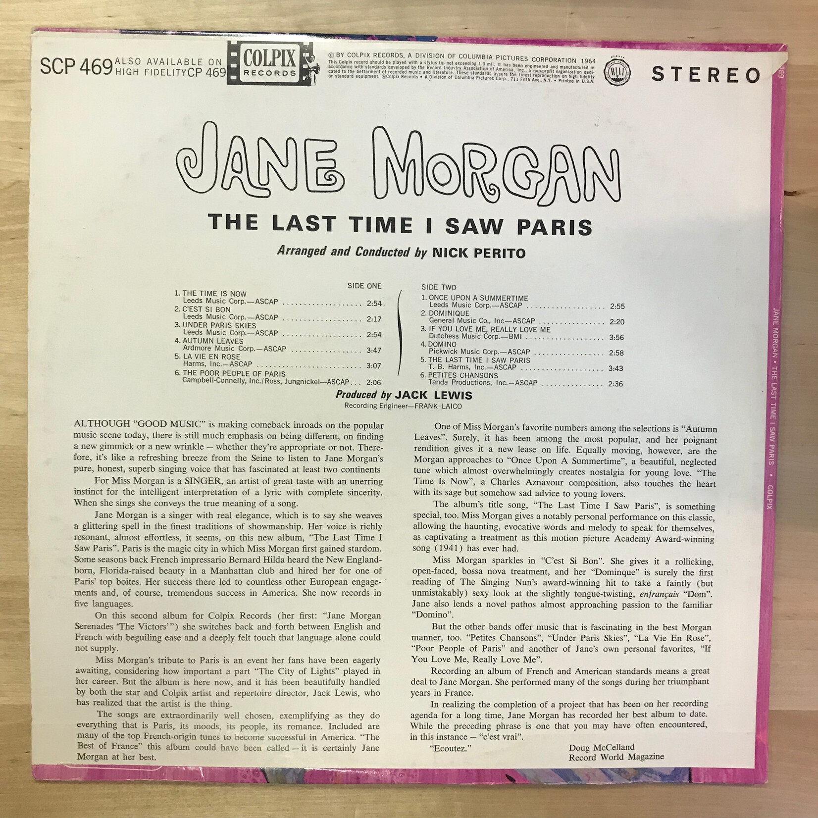 Jane Morgan - The Last Time I Saw Paris - SCP469 - Vinyl LP (USED)