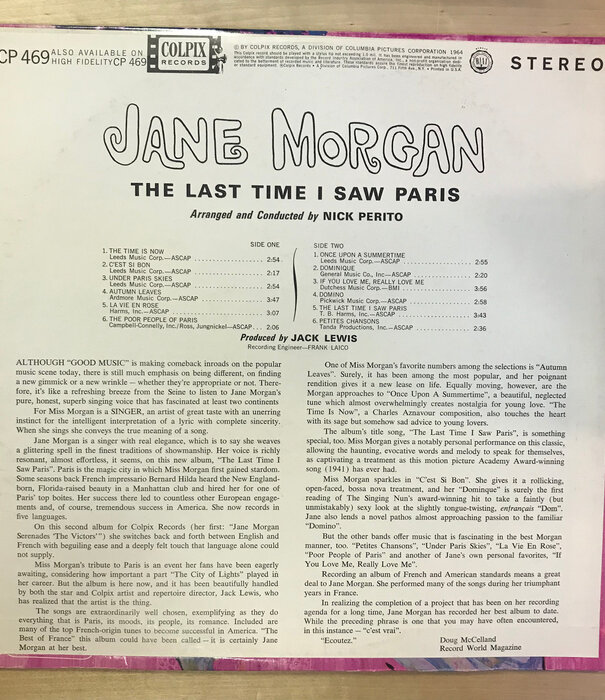Jane Morgan - The Last Time I Saw Paris - SCP469 - Vinyl LP (USED)