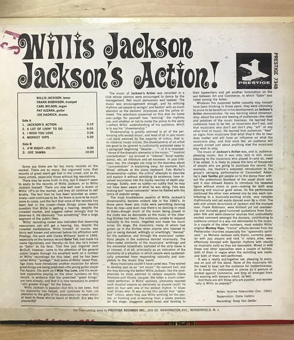 Willis Jackson - Jackson’s Action - PRST7348 - Vinyl LP (USED)