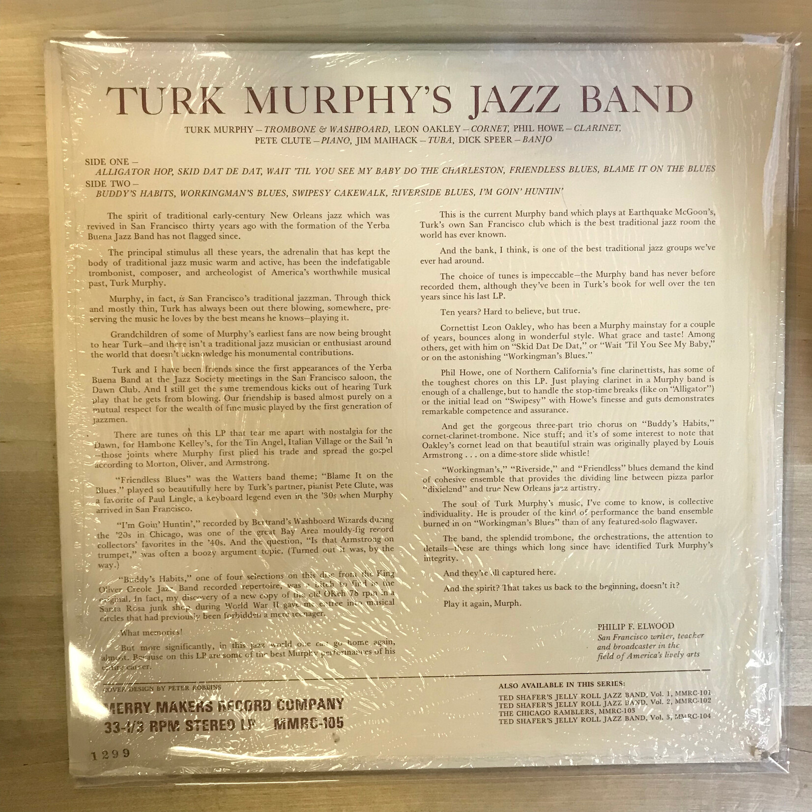 Turk Murphy - Turk Murphy's San Francisco Jazz Band (BLUE) - MMRC 105 - Vinyl LP (USED)