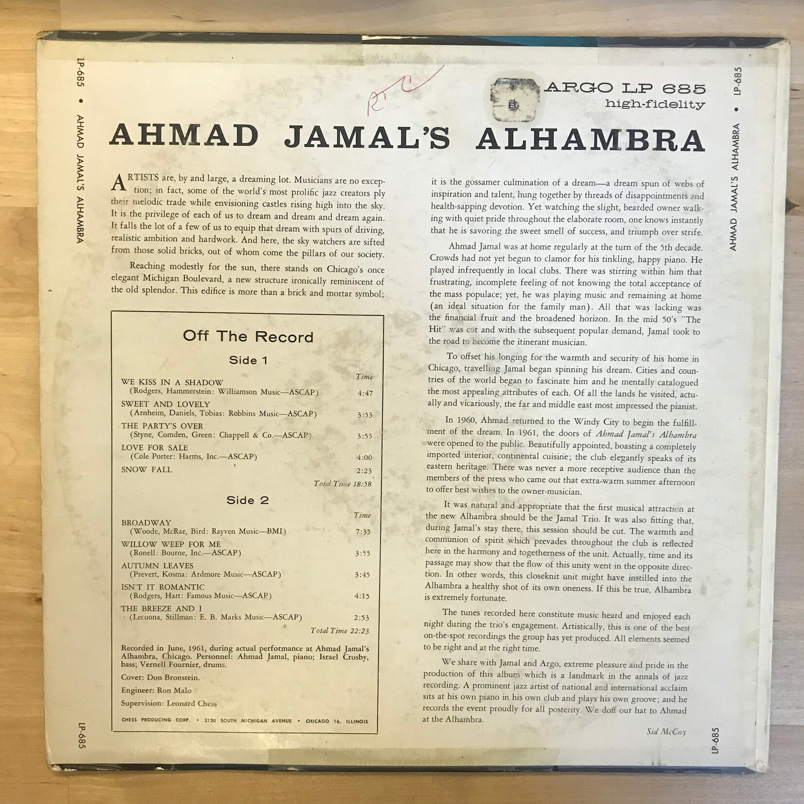 Ahmad Jamal – Ahmad Jamal's Alhambra (ORG. COVER / RE DISC) - LP685 - Vinyl LP (USED)