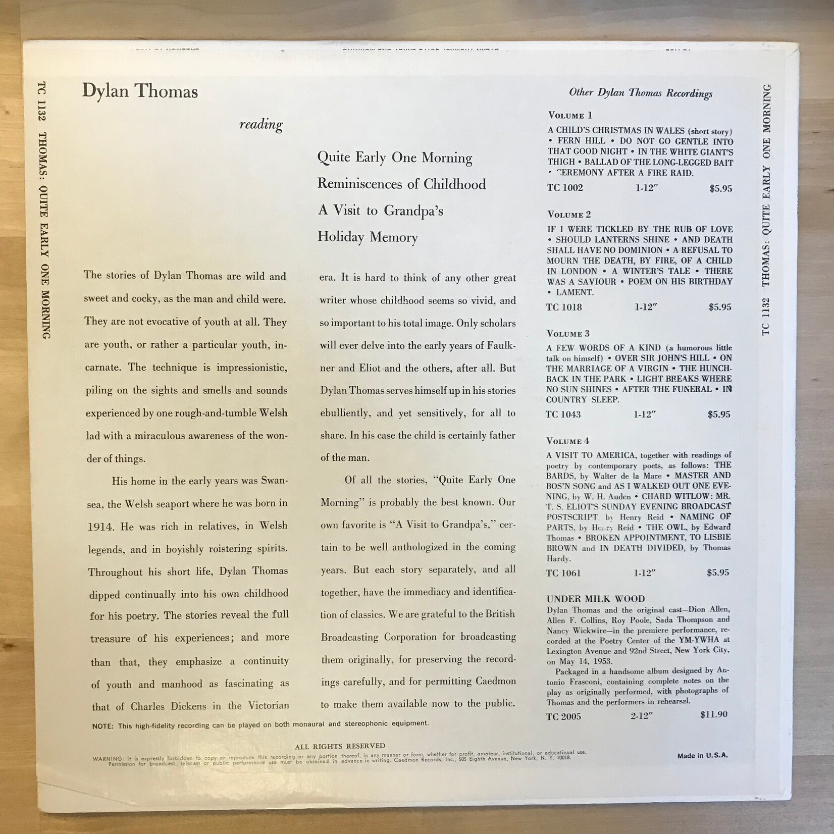 Dylan Thomas - Quite Early One Morning - TC 1132 - Vinyl LP (USED)