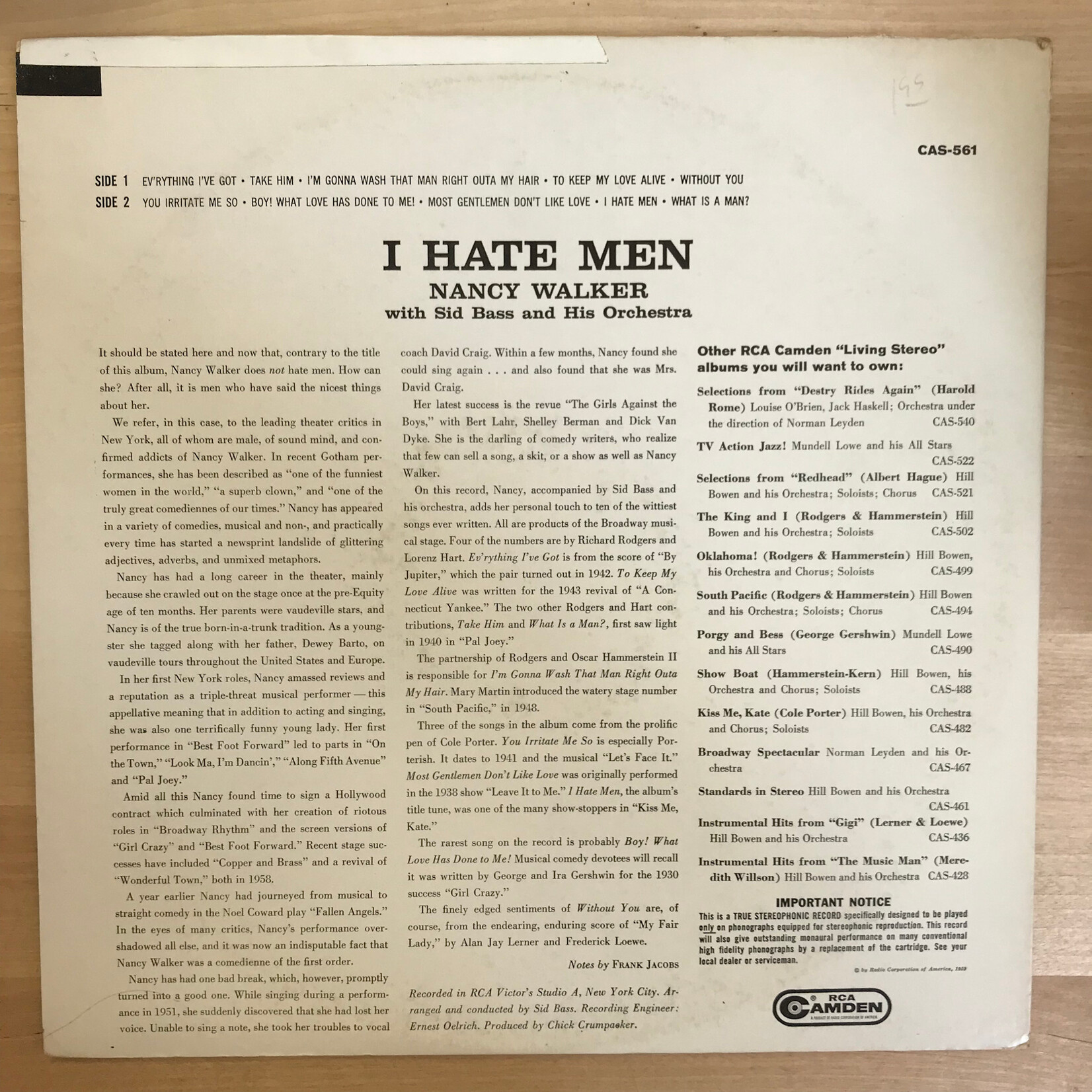 Nancy Walker - I Hate Men - CAS561 - Vinyl LP (USED)