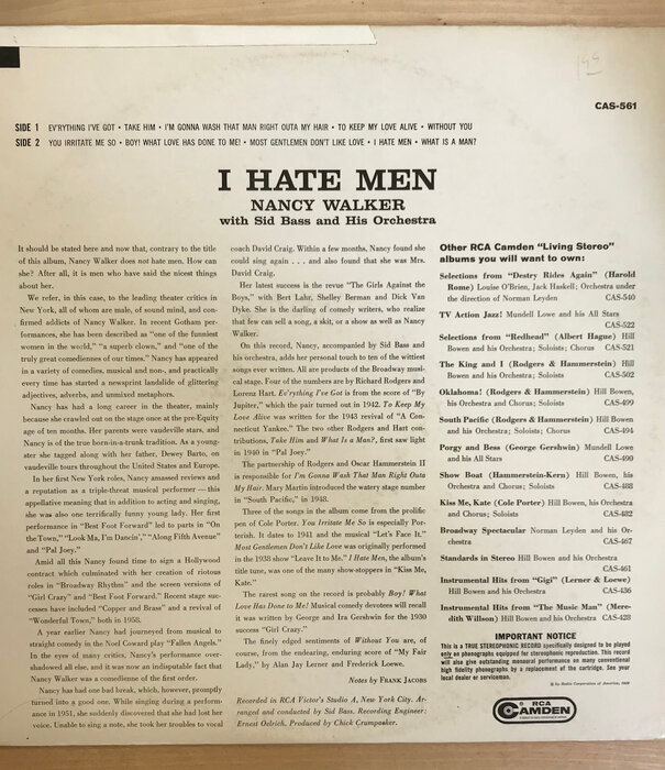 Nancy Walker - I Hate Men - CAS561 - Vinyl LP (USED)