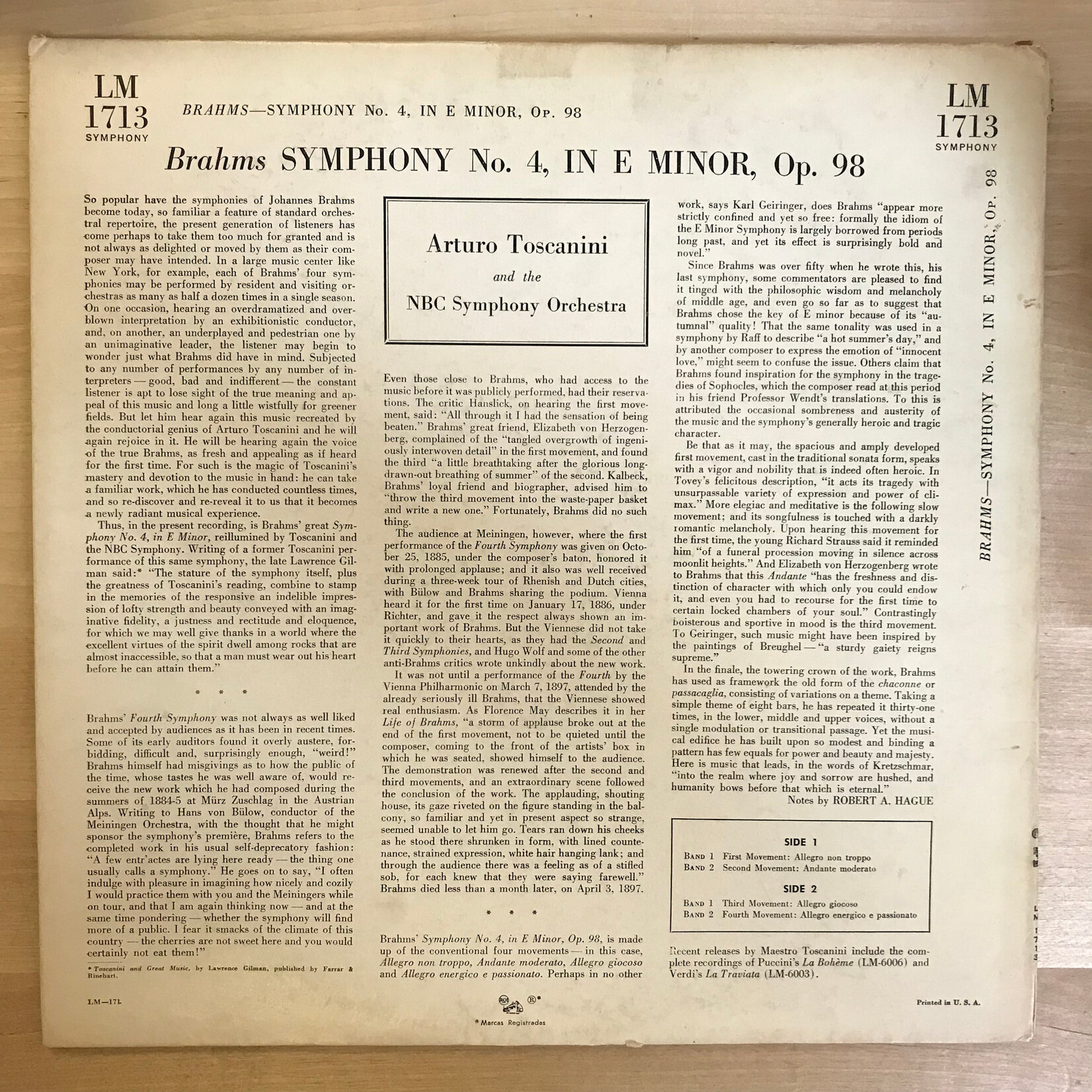 Arturo Toscanini - Brahms - Symphony No. 4 - LM1713 - Vinyl LP (USED)