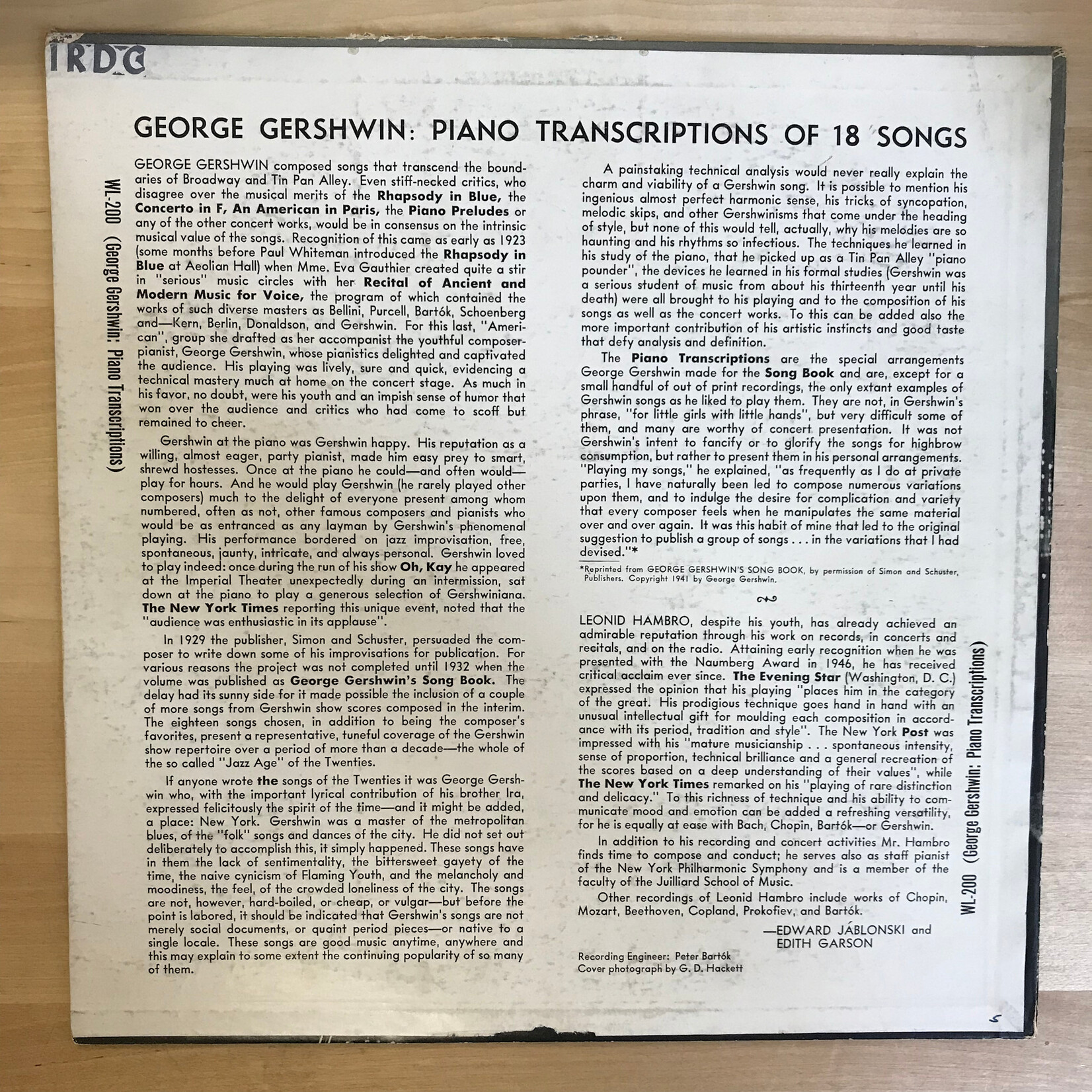 Leonid Hambro – George Gershwin: Piano Transcriptions of 18 Songs - WI 200 - Vinyl LP (USED)