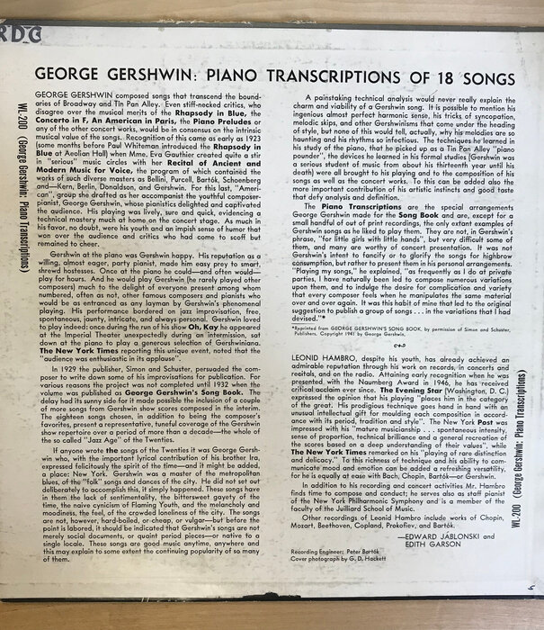 Leonid Hambro – George Gershwin: Piano Transcriptions of 18 Songs - WI 200 - Vinyl LP (USED)