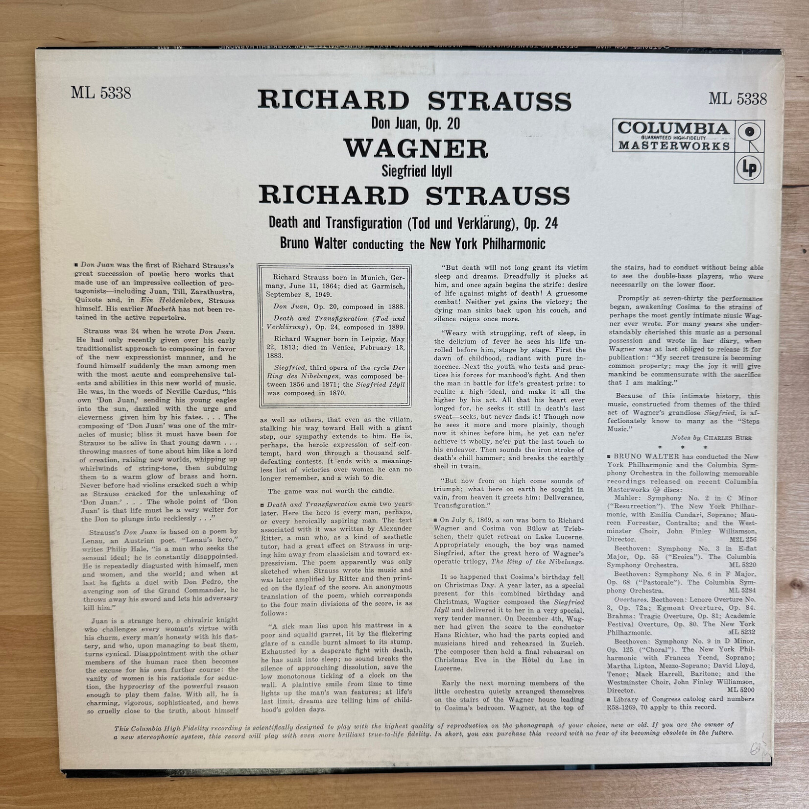 Bruno Walter - Strauss / Wagner: Don Juan, Op. 20 / Death And Transfiguration / Siegfried Idyll - ML5338 - Vinyl LP (USED)