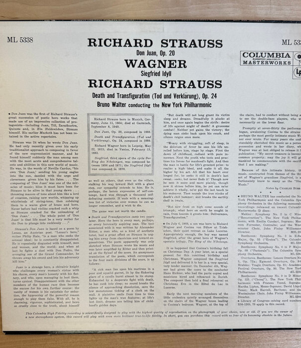 Bruno Walter - Strauss / Wagner: Don Juan, Op. 20 / Death And Transfiguration / Siegfried Idyll - ML5338 - Vinyl LP (USED)