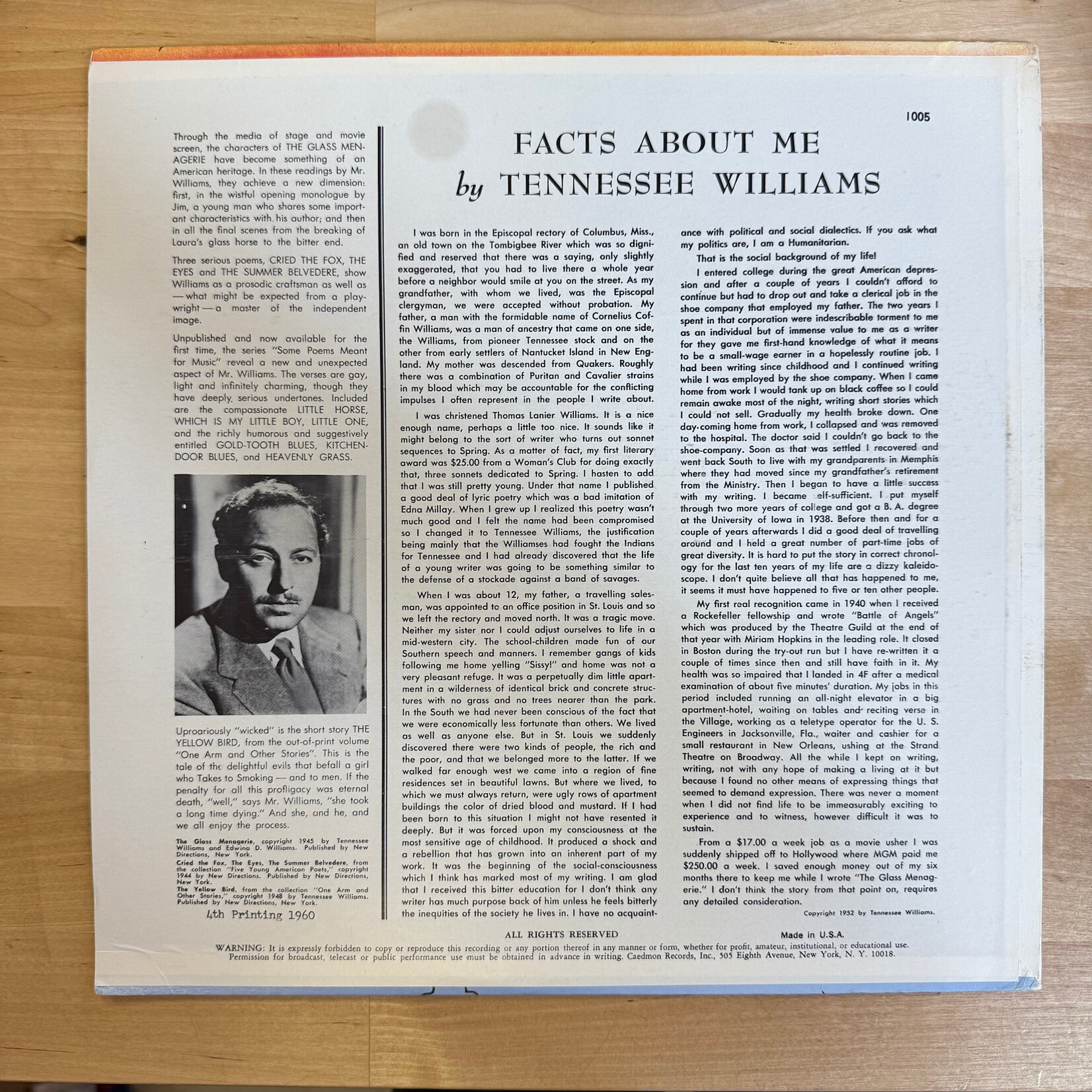 Tennessee Williams - Reading From His Works (Warhol Cover 4th) - TC1005 - Vinyl LP (USED)
