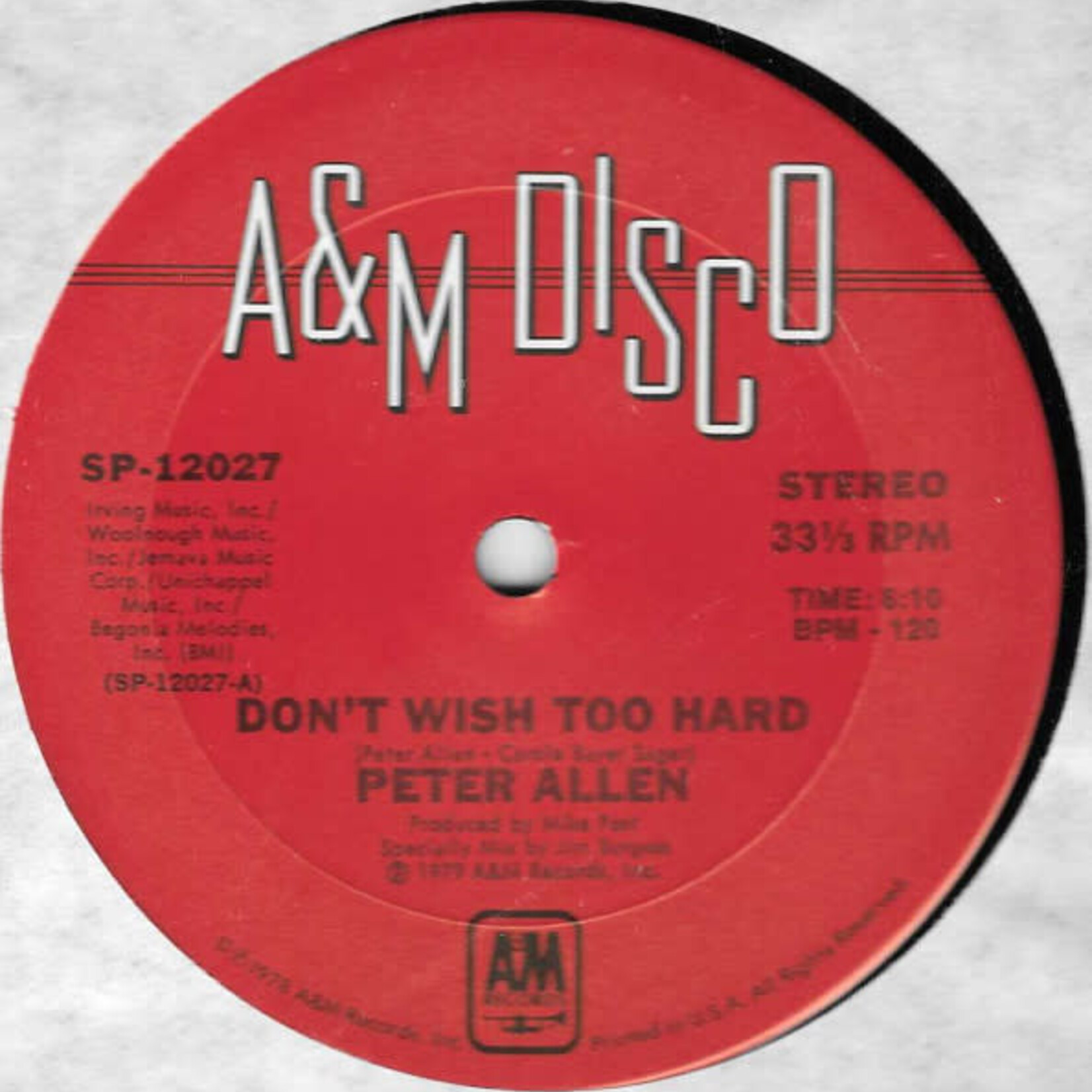 Peter Allen - Don't Wish Too Hard / I Go To Rio - SP12027 - Vinyl 12-Inch Single (USED)