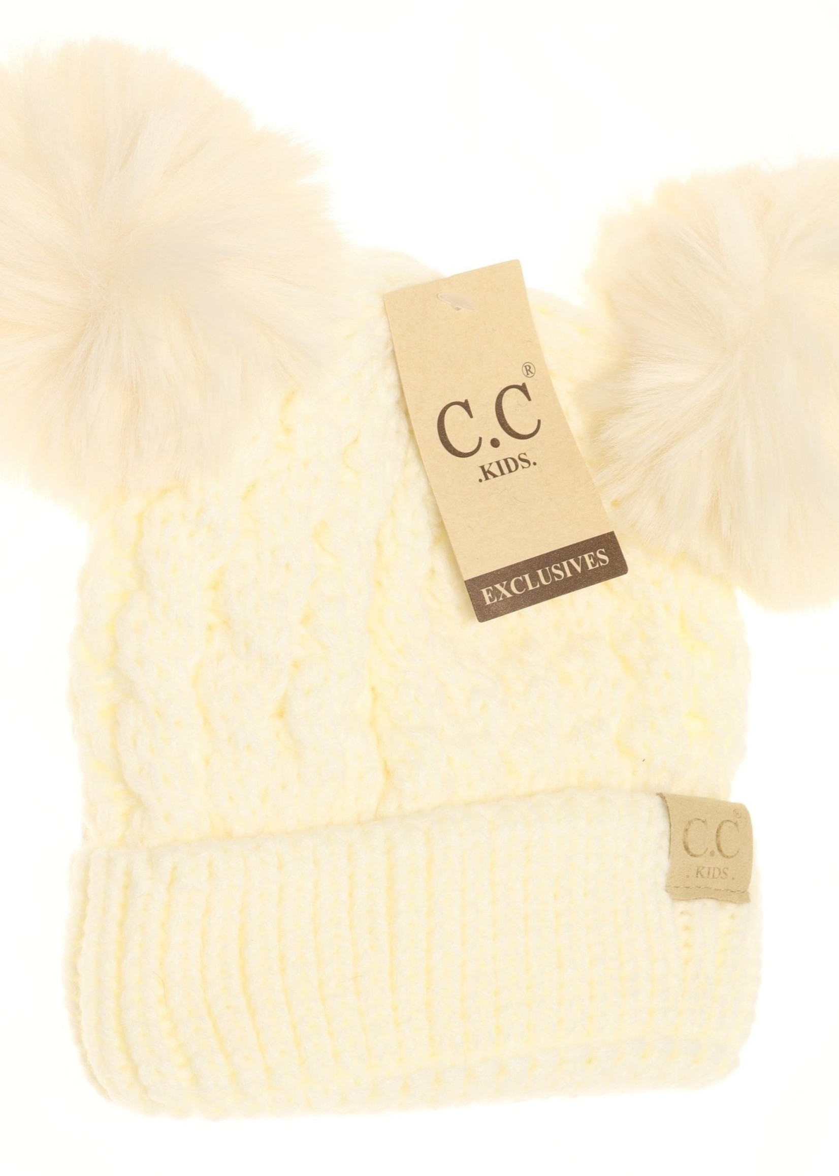 Kids Cable Knit Double Matching Pom Beanie-Ivory