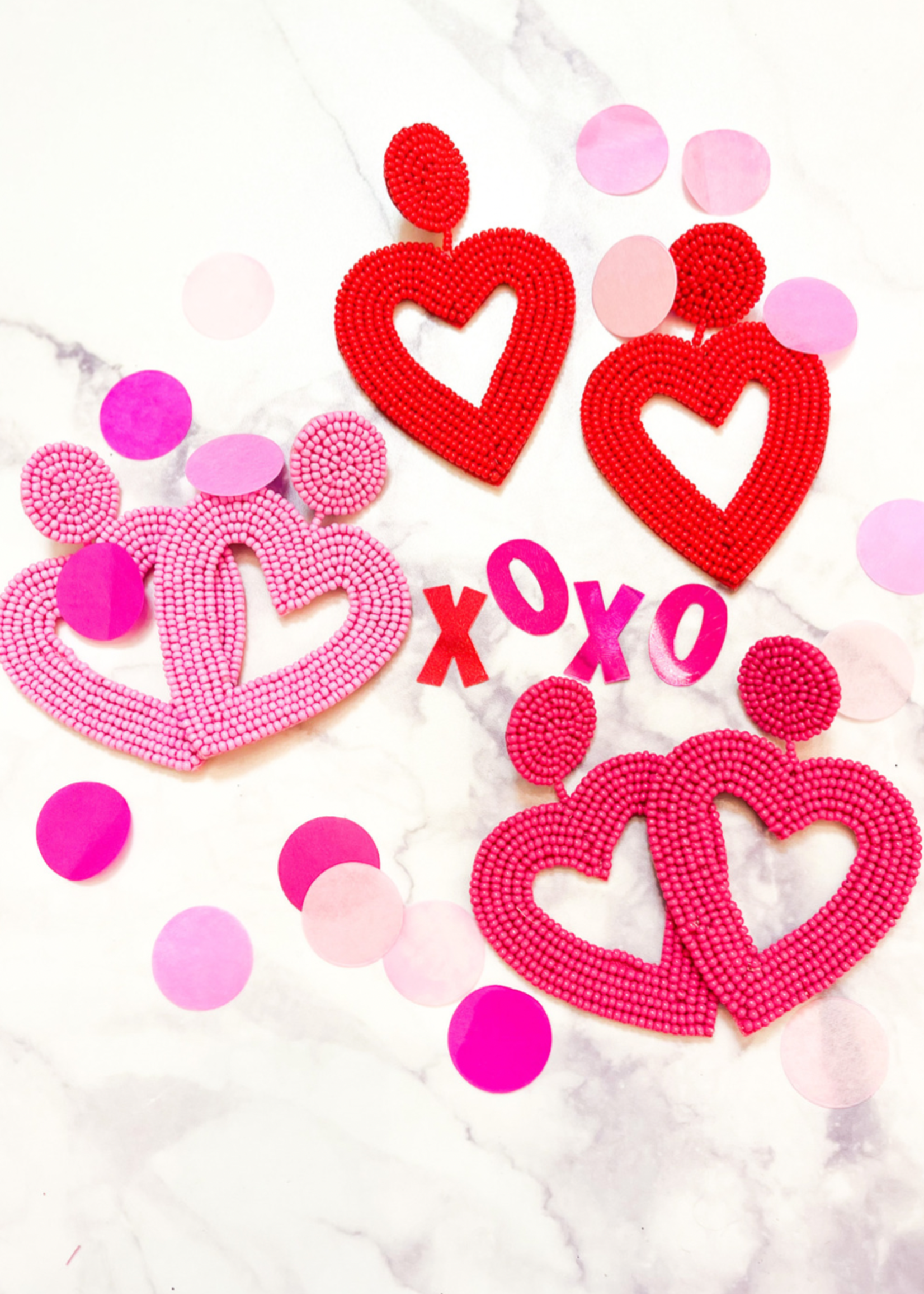 Valentine Beaded Heart Earrings - Red