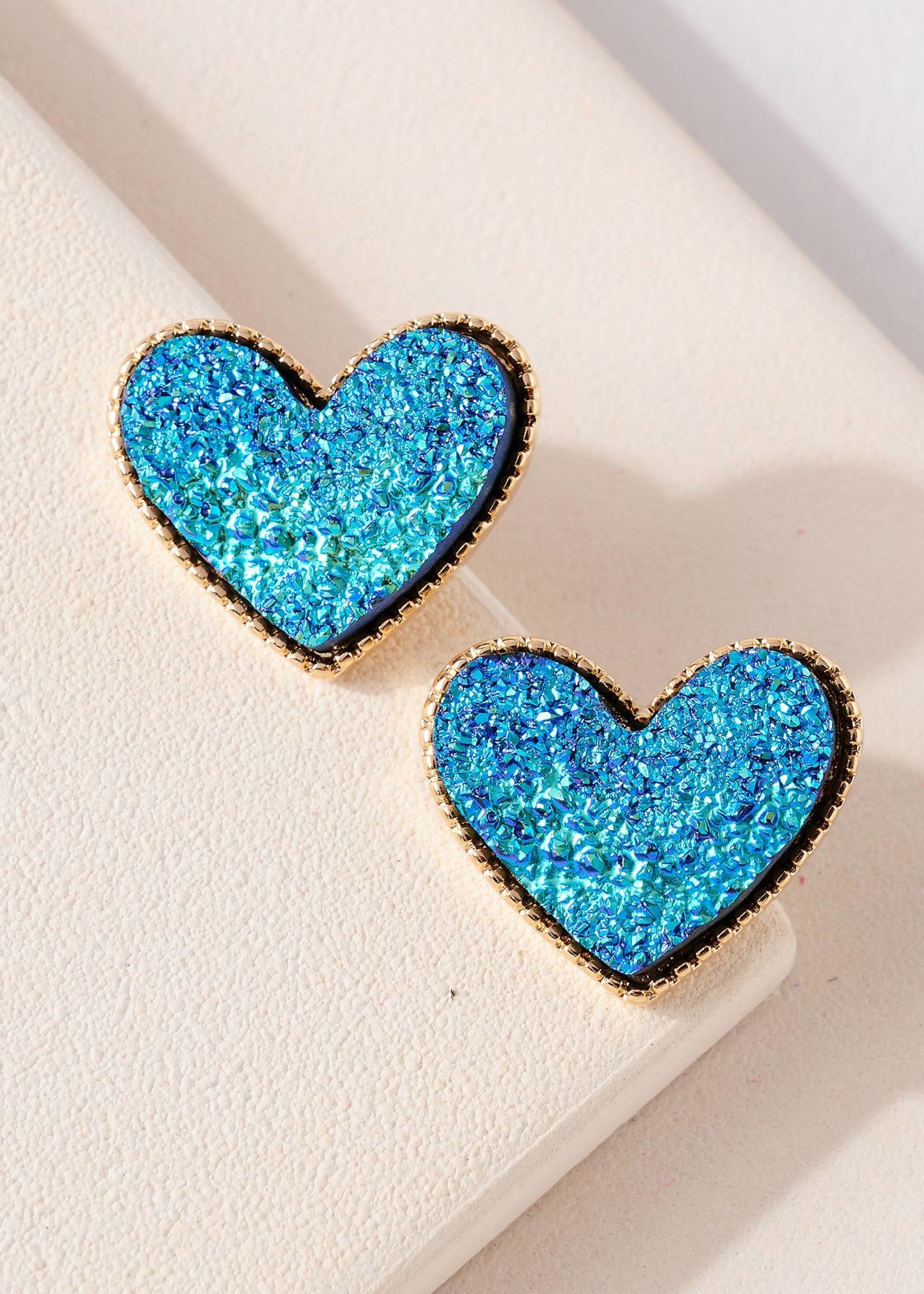 Heart Druzy Stud Earrings - Blue