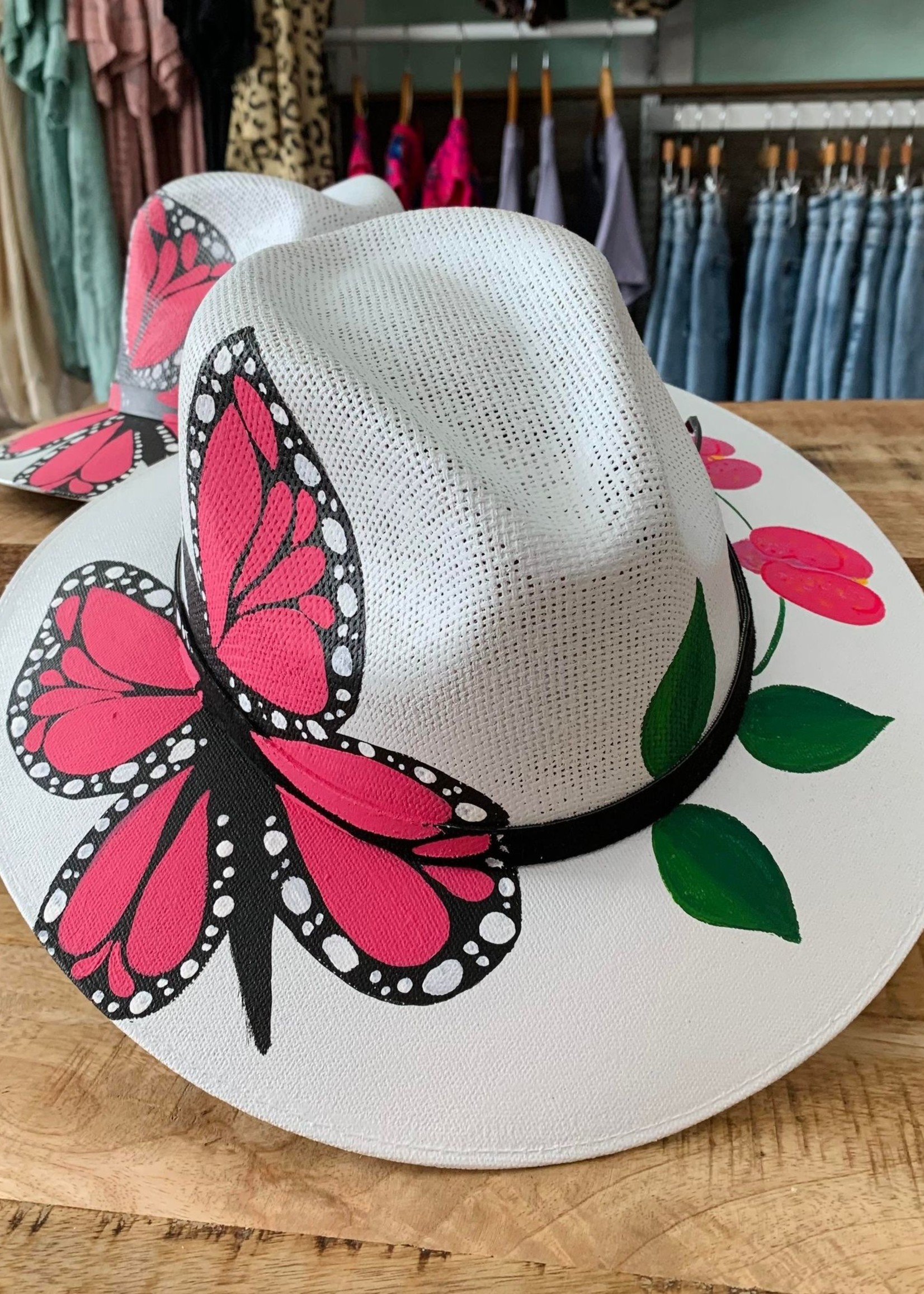 Panama Hat - White Pink Butterfly