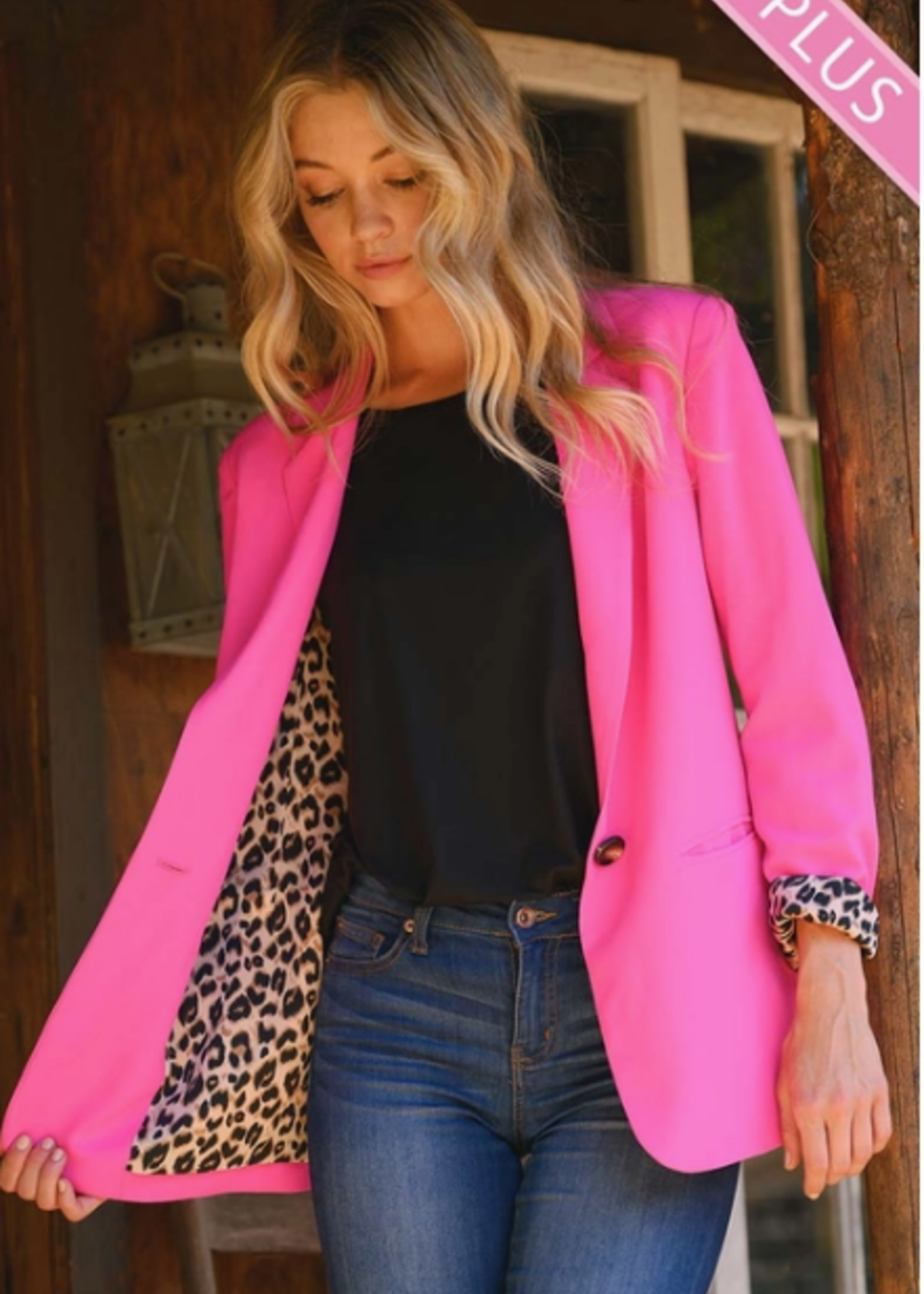 Hot Pink Blazer With Pockets -  Leopard Print