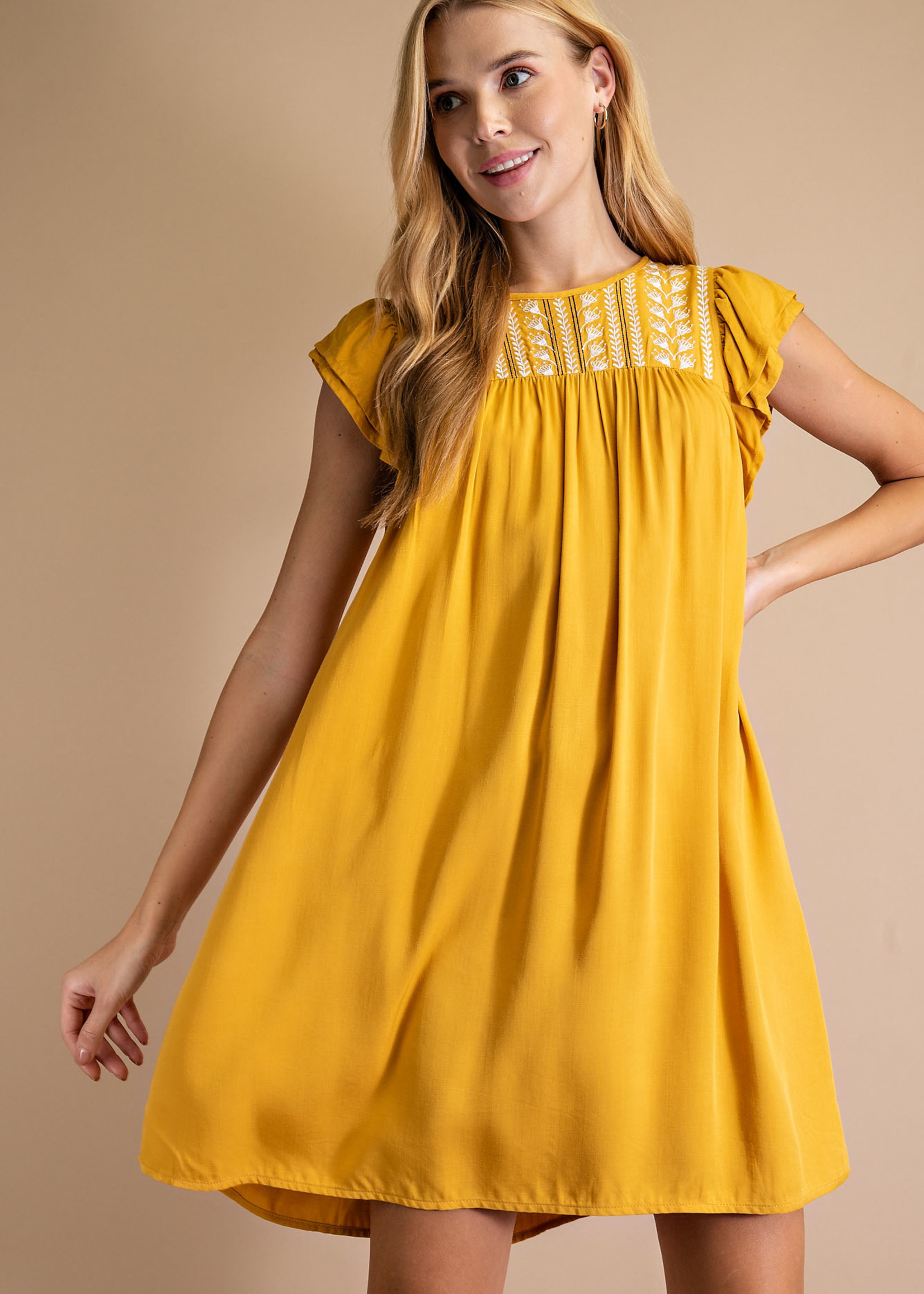 Embroidered Flutter Dress - Mustard