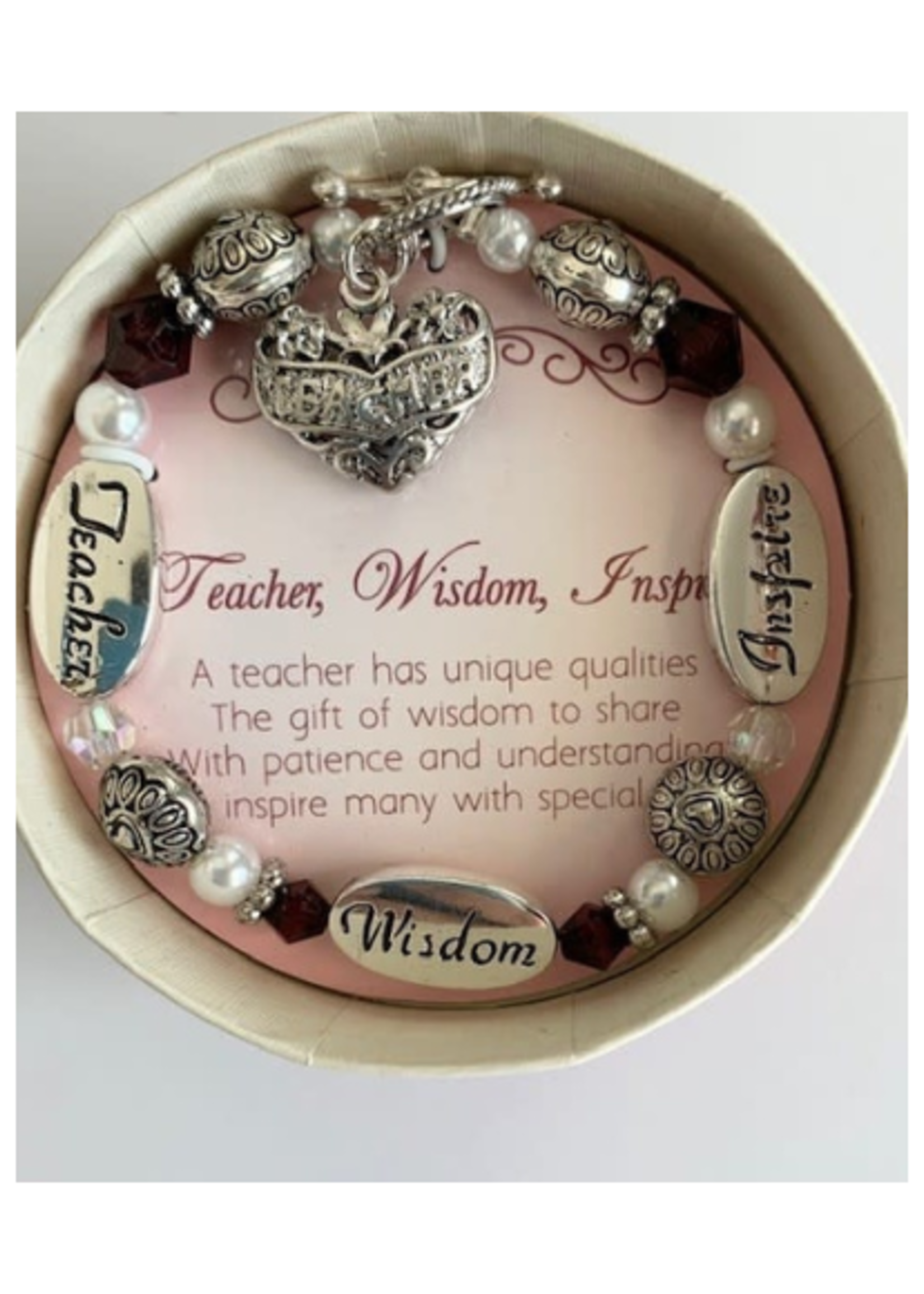 'Teacher, Wisdom, Inspire' Heart Charm Bracelet