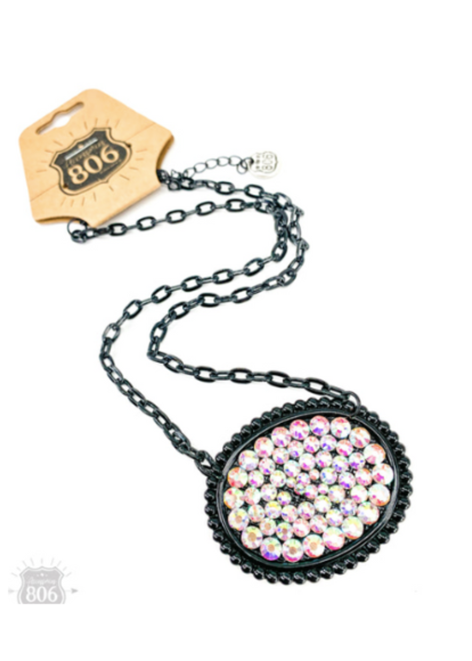 Oval With Crystal Necklace - Iridescent Black