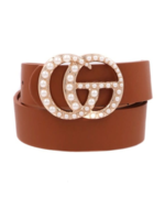 Pearl Leather Buckle Belt - Brown