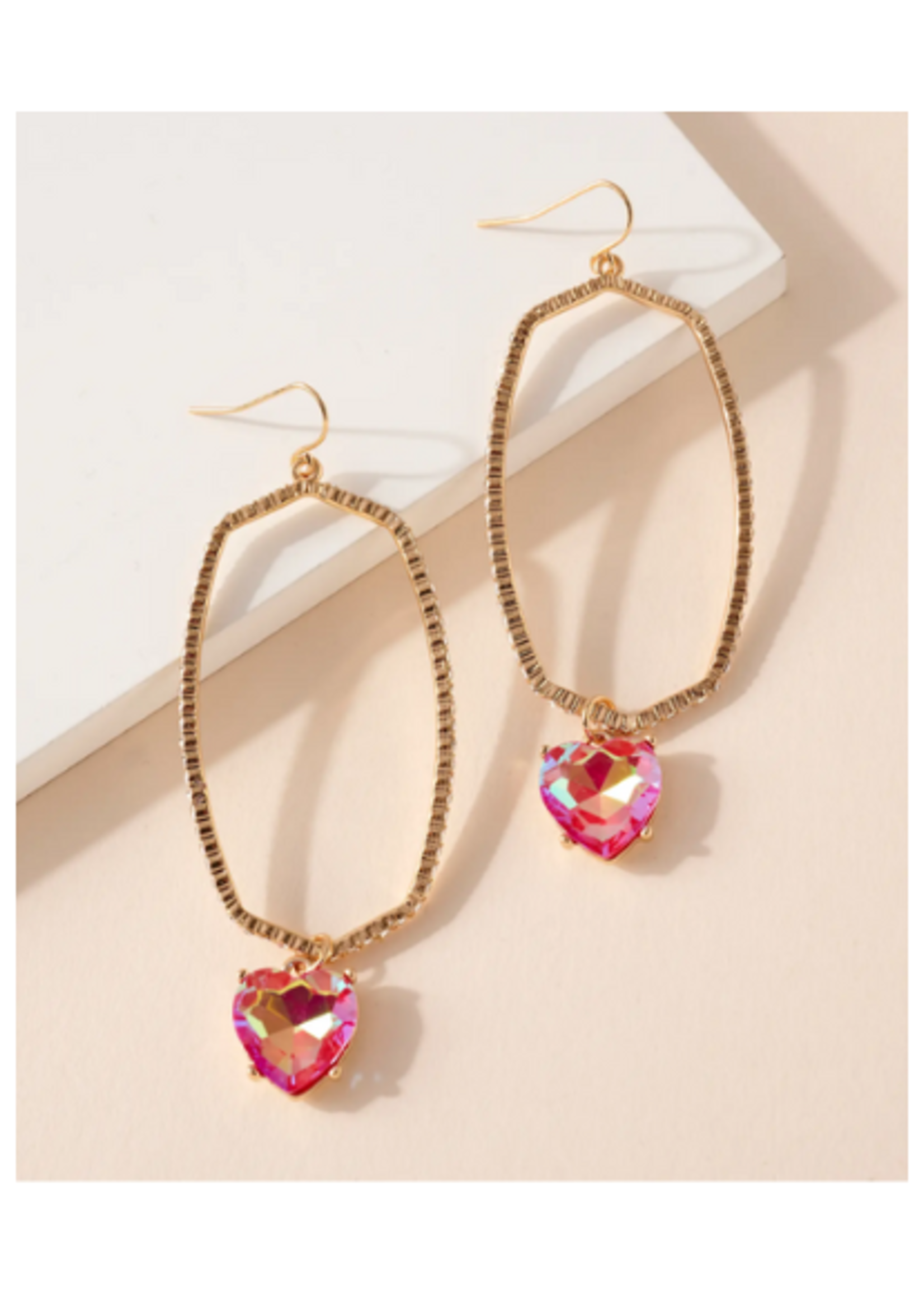 Heart Rhinestone Oval Earrings - Pink