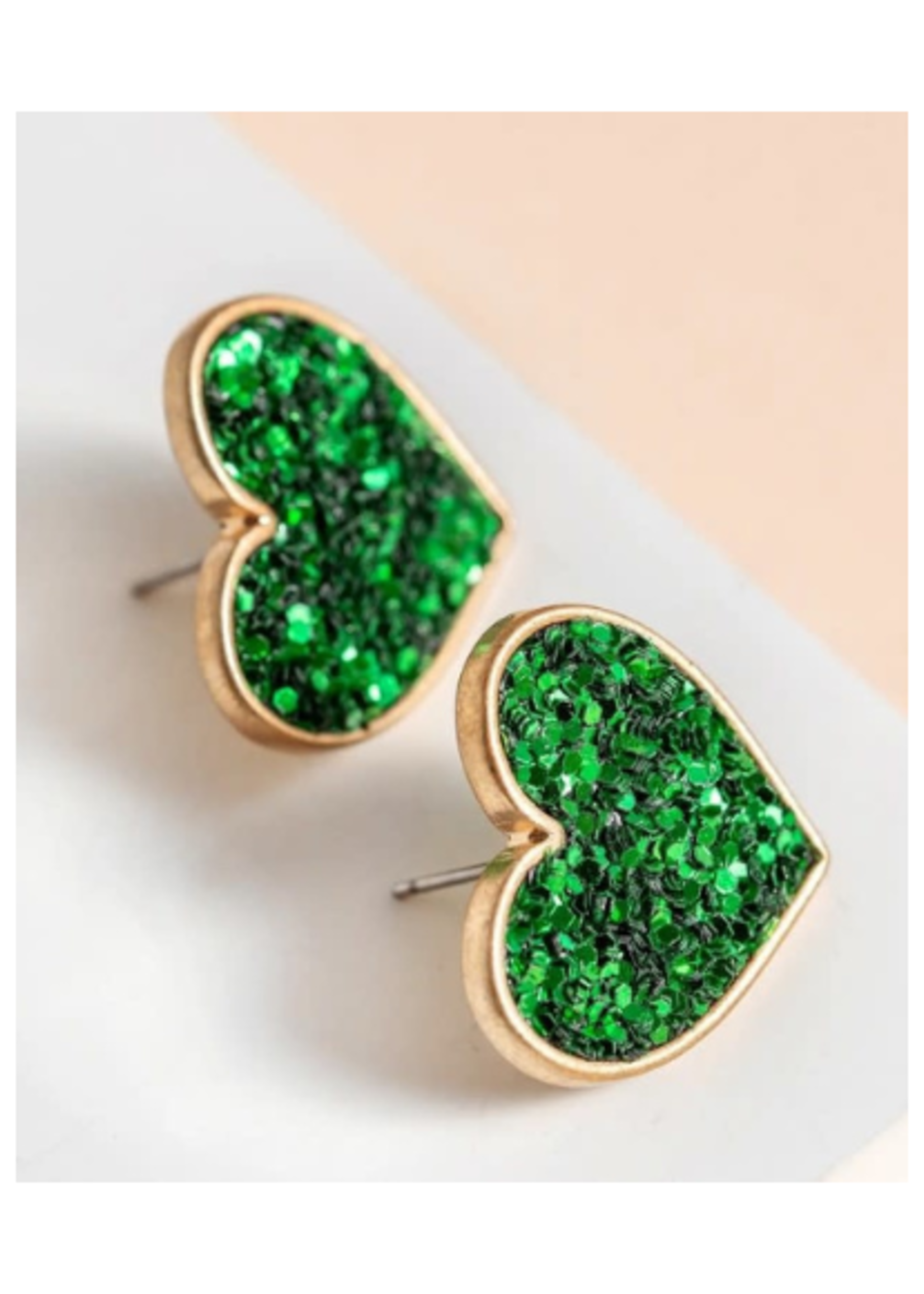 Glitter Heart Stud Earrings - Green