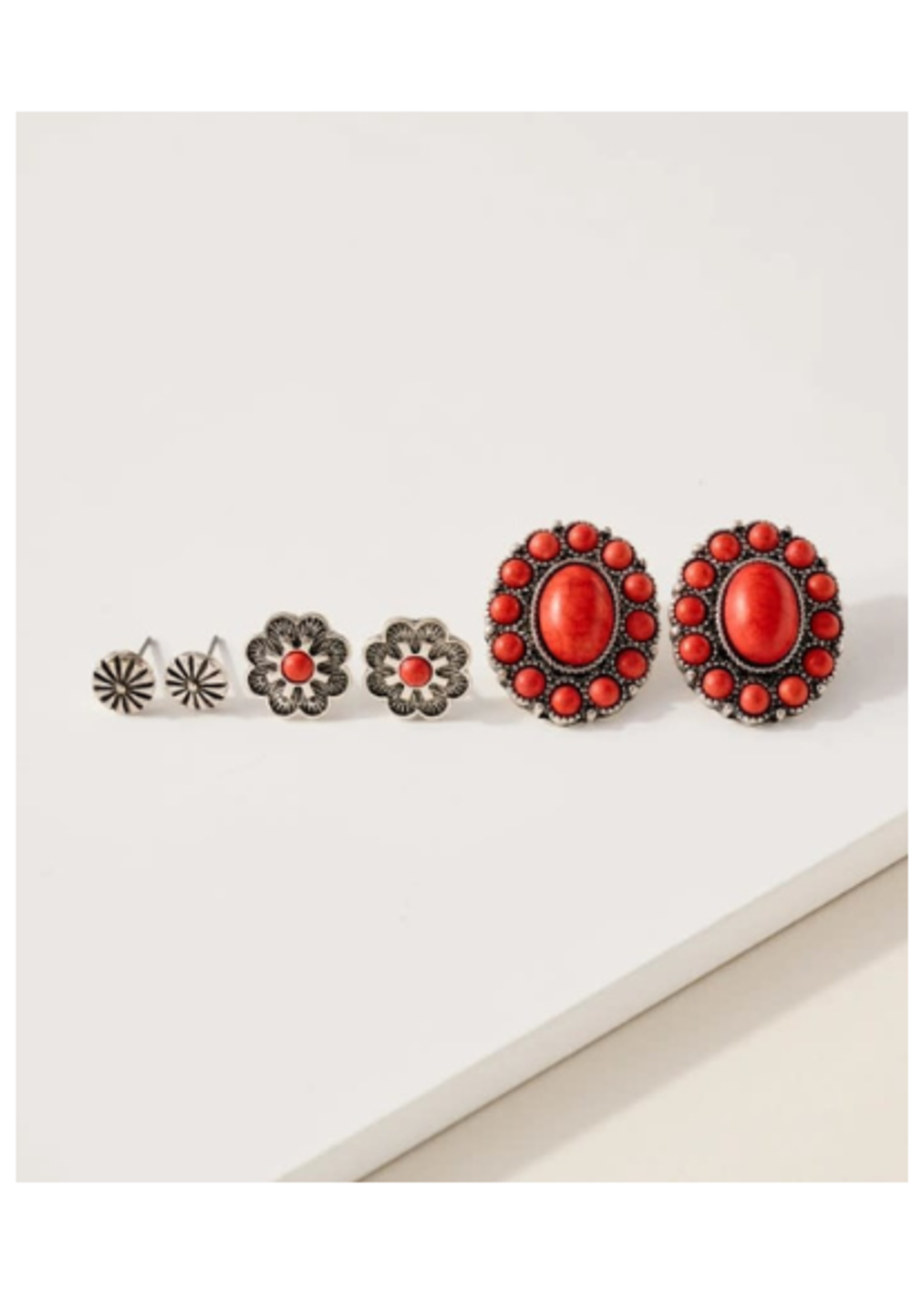 Western Stone Earrings Set - Red