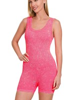 Stone Washed Ribbed Romper - Neon Coral