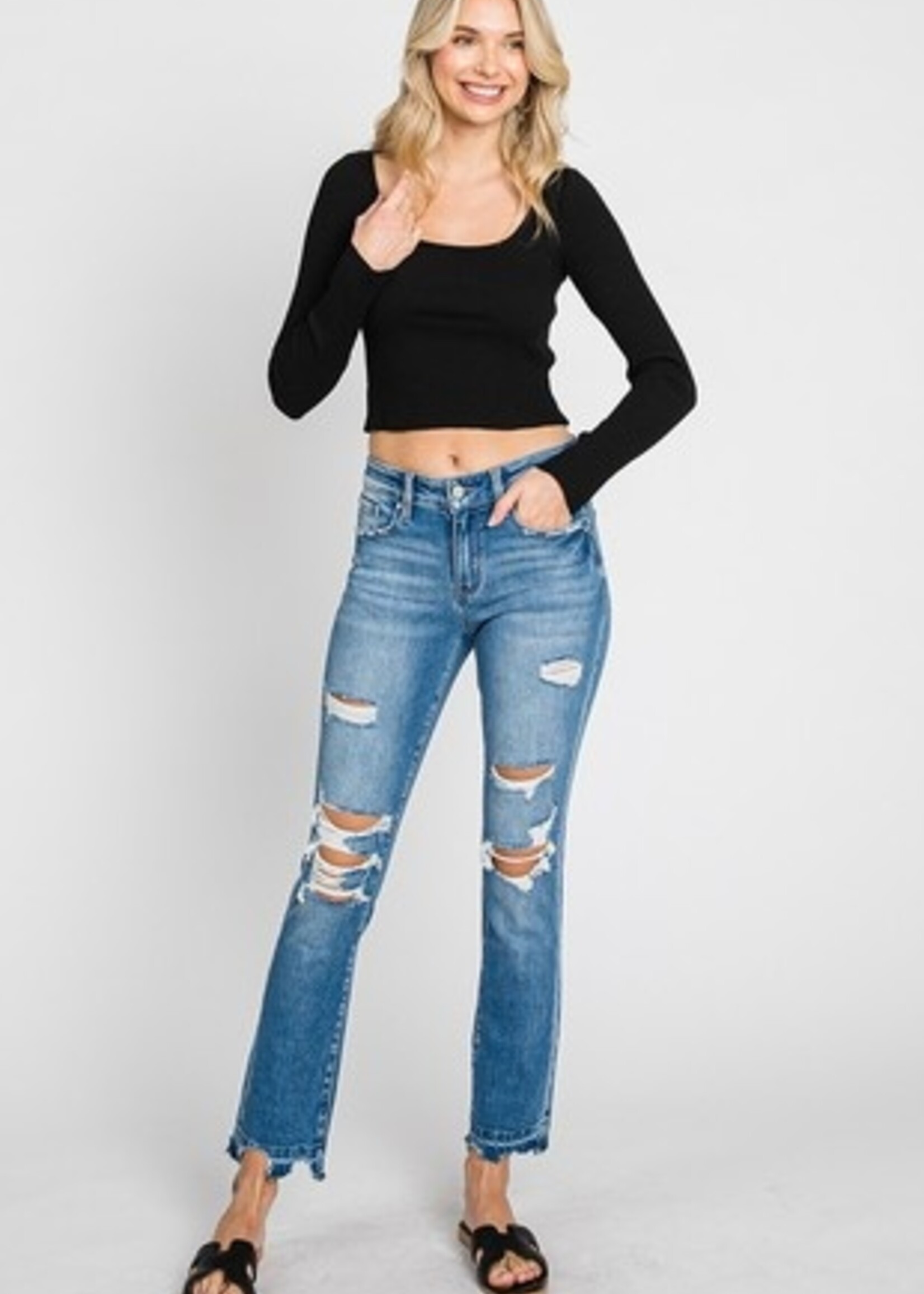 Mid-Rise Slim Straight W/Destroyed Hem Jeans