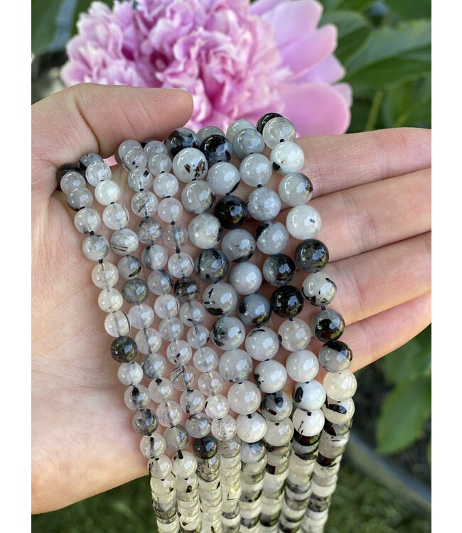 Tourmalinated Quartz Beads Polished 15" Strand 6mm 8mm