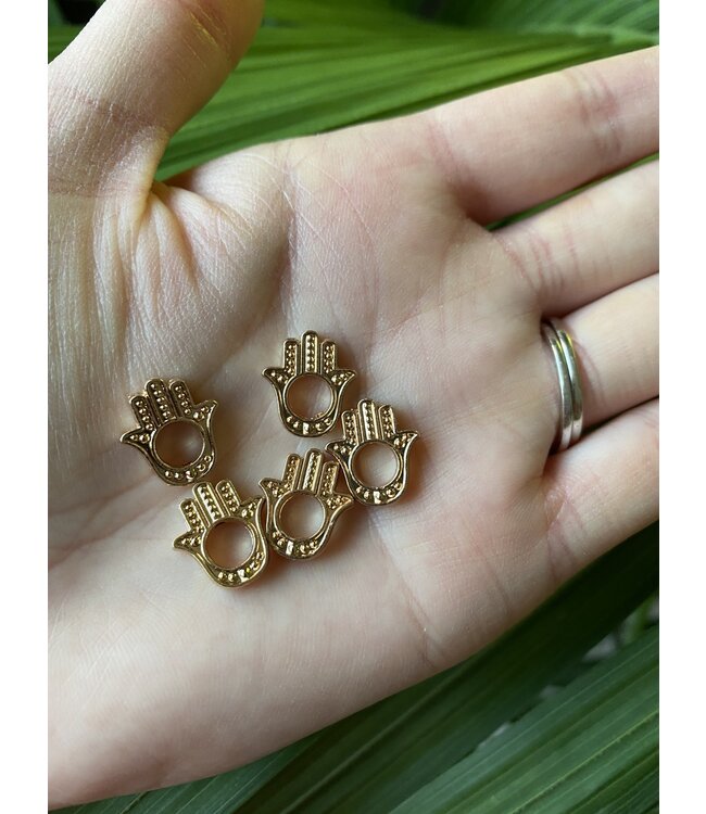 Hamsa Hand/Hand of Fatima/Miriam Charm Golden 14mm x 13mm x 2mm 4mm center bead 5 Pack