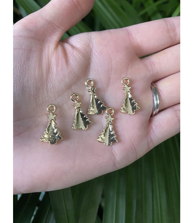 Christmas Tree Charm #6 Green Enamel Light Gold Back 20.5mm x 11.5mm 5 Pack *disc.*