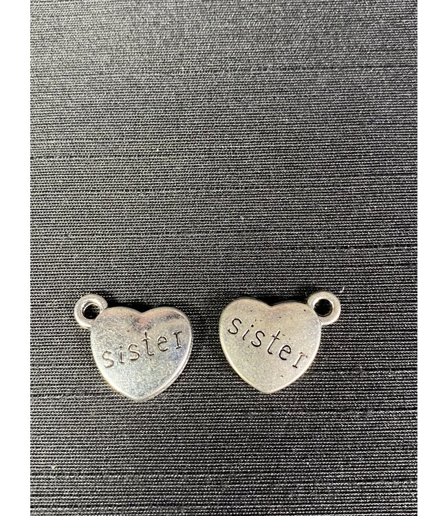 Heart with Sister Charm  Antique Silver 13mm x 15mm 5 Pack *disc.*