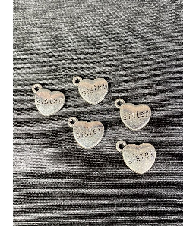 Heart with Sister Charm  Antique Silver 13mm x 15mm 5 Pack *disc.*