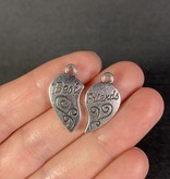 Heart with Best Friend Charm  Antique Silver 22mm x 12mm 5 Sets