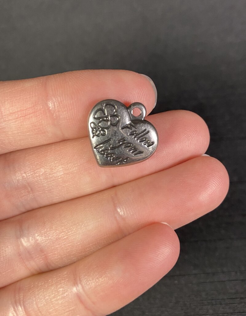 Heart with Follow Your Heart Charm  Antique Silver 16mm x 16.5mm 5 Pack