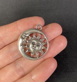 Sun with Moon Charm Antique Silver 30mm x 26.5mm 5 Pack *disc.*