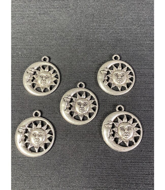 Sun with Moon Charm Antique Silver 30mm x 26.5mm 5 Pack *disc.*