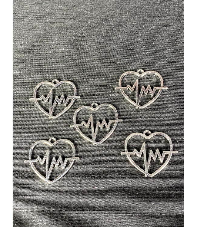 EKG Heart Pendant Antique Silver 24.5mm x 29.5mm 5 Pack *disc.*
