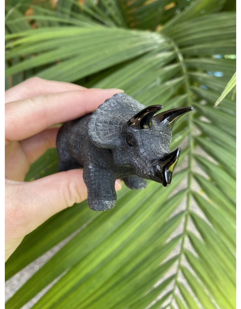 Black Obsidian Triceratops Dinosaur Carving, 123mm x 35mm x 45mm 176gr