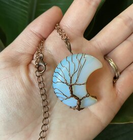 Antique Bronze Moon Wire Wrapped Necklace, Opalite