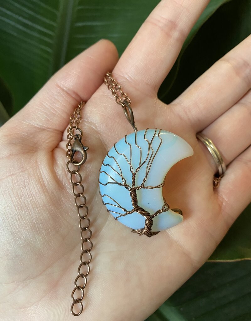 Antique Bronze Moon Wire Wrapped Necklace, Opalite