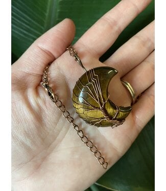 Antique Bronze Moon Wire Wrapped Necklace, Tiger Eye