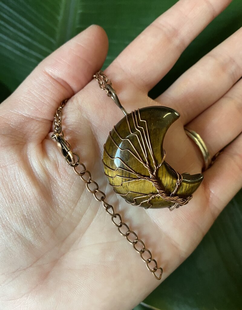 Antique Bronze Moon Wire Wrapped Necklace, Tiger Eye