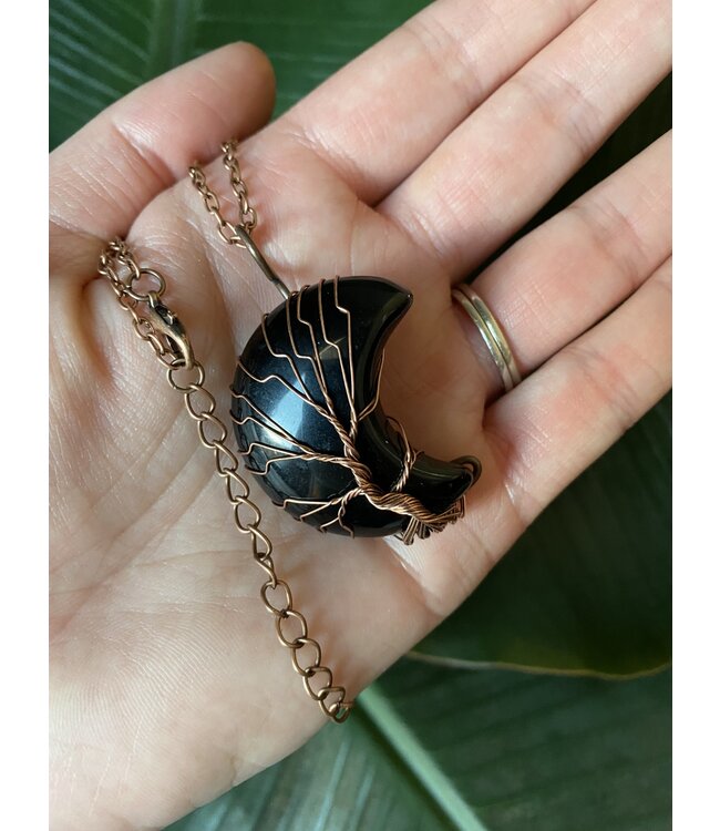 Antique Bronze Moon Wire Wrapped Necklace, Black Obsidian