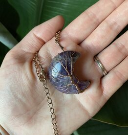 Antique Bronze Moon Wire Wrapped Necklace, Amethyst