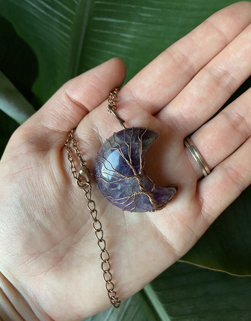 Antique Bronze Moon Wire Wrapped Necklace, Amethyst